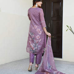(Vaasva) Women purple tissue linen floral suit set (Set of 5pc)