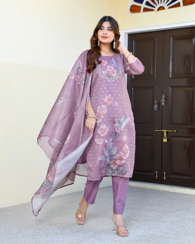 (Vaasva) Women purple tissue linen floral suit set (Set of 5pc)