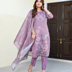 (Vaasva) Women purple tissue linen floral suit set (Set of 5pc)