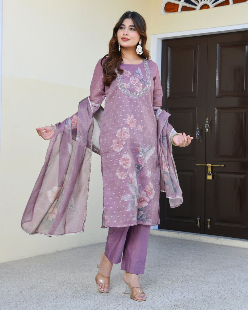 (Vaasva) Women purple tissue linen floral suit set (Set of 5pc)
