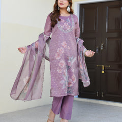 (Vaasva) Women purple tissue linen floral suit set (Set of 5pc)