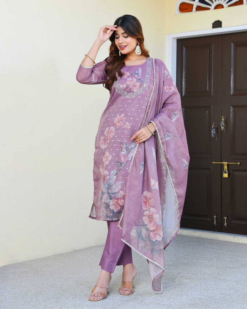 (Vaasva) Women purple tissue linen floral suit set (Set of 5pc)