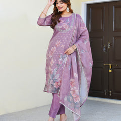 (Vaasva) Women purple tissue linen floral suit set (Set of 5pc)