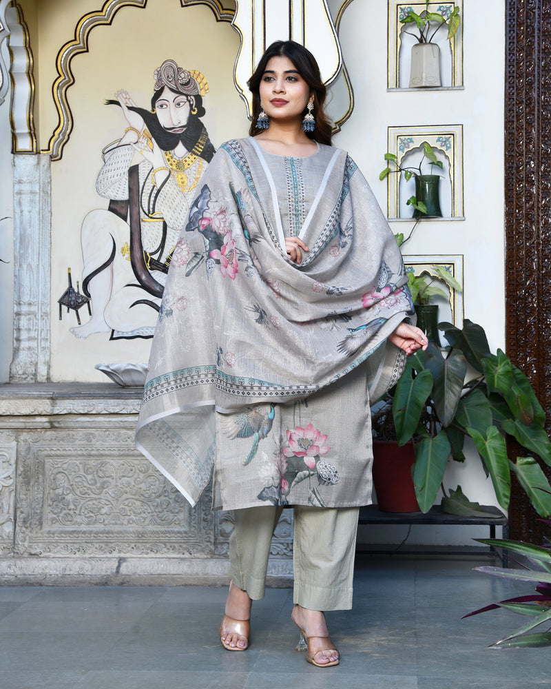 (Vaasva) Women beige tissue linen floral suit set (Set of 5pc)