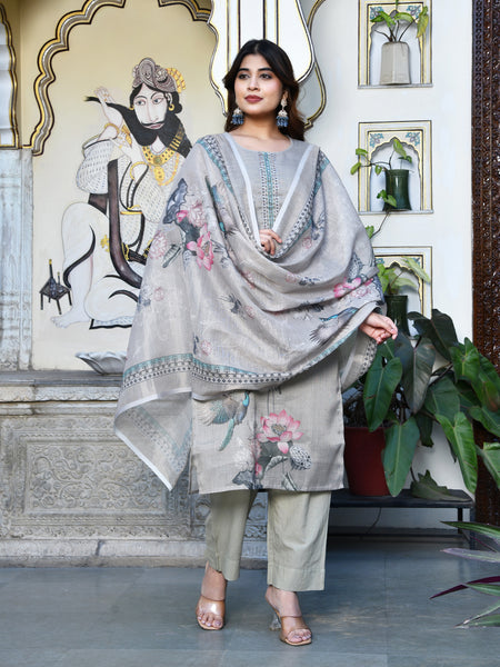 (Vaasva) Women beige tissue linen floral suit set (Set of 5pc)