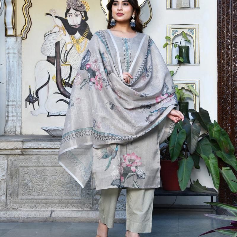 (Vaasva) Women beige tissue linen floral suit set (Set of 5pc)