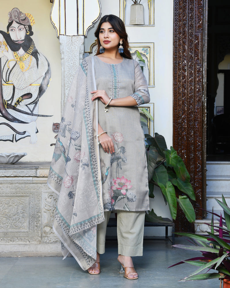(Vaasva) Women beige tissue linen floral suit set (Set of 5pc)