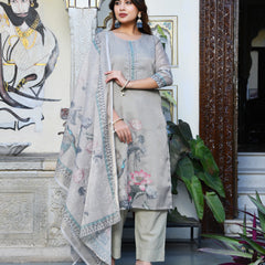 (Vaasva) Women beige tissue linen floral suit set (Set of 5pc)