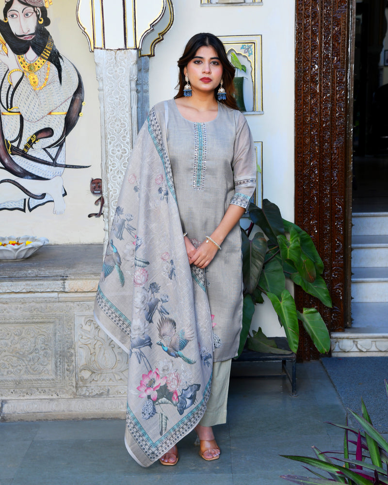 (Vaasva) Women beige tissue linen floral suit set (Set of 5pc)