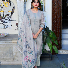 (Vaasva) Women beige tissue linen floral suit set (Set of 5pc)