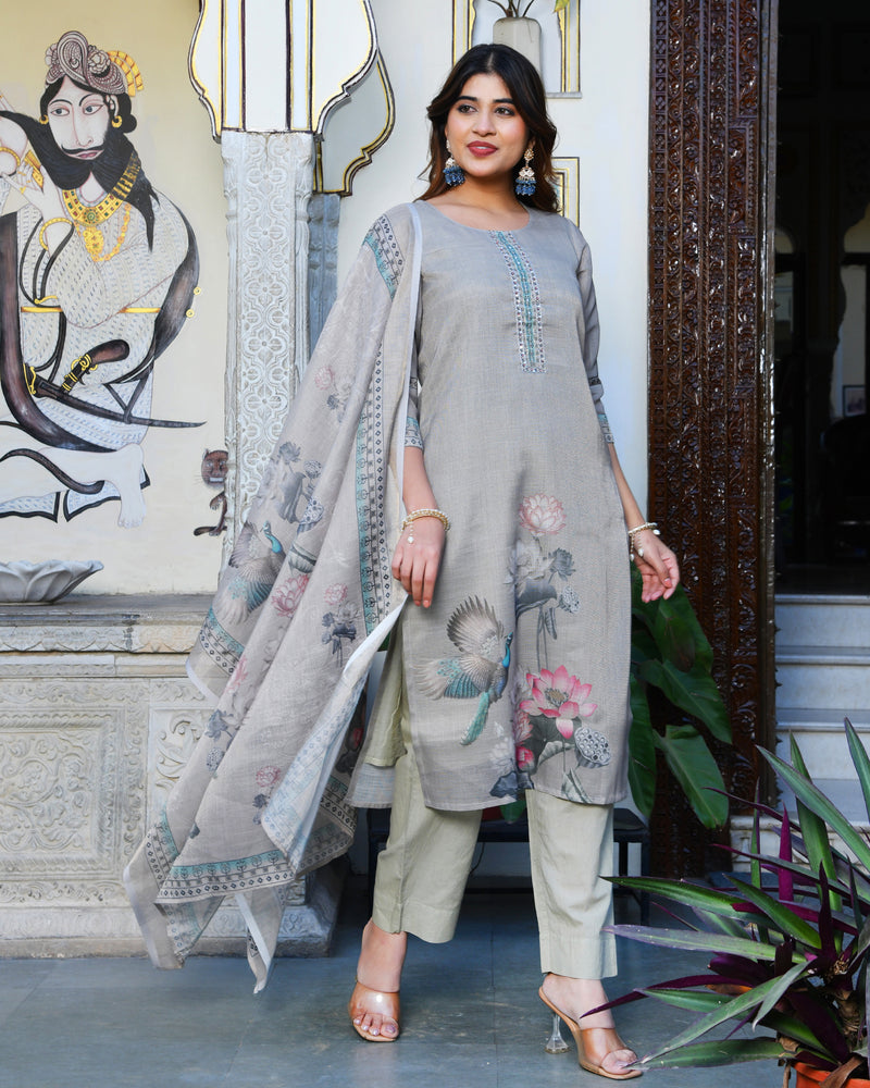 (Vaasva) Women beige tissue linen floral suit set (Set of 5pc)