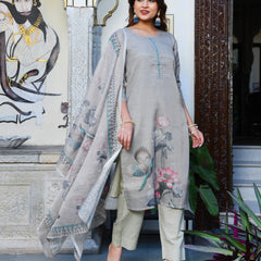 (Vaasva) Women beige tissue linen floral suit set (Set of 5pc)