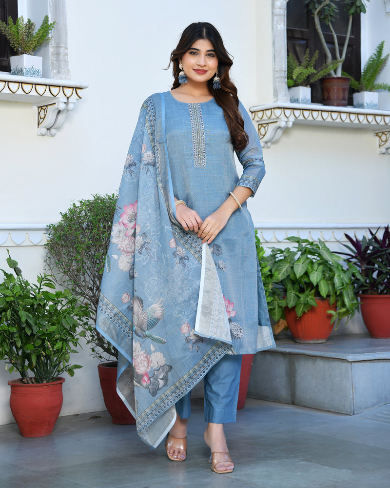 (Vaasva) Women blue tissue linen floral suit set (Set of 5pc)