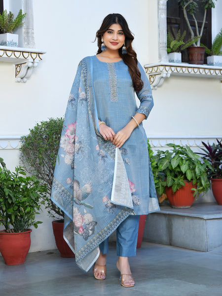 (Vaasva) Women blue tissue linen floral suit set (Set of 5pc)