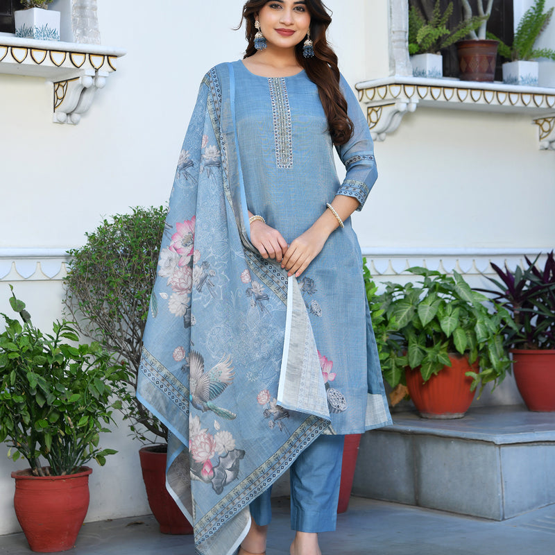 (Vaasva) Women blue tissue linen floral suit set (Set of 5pc)