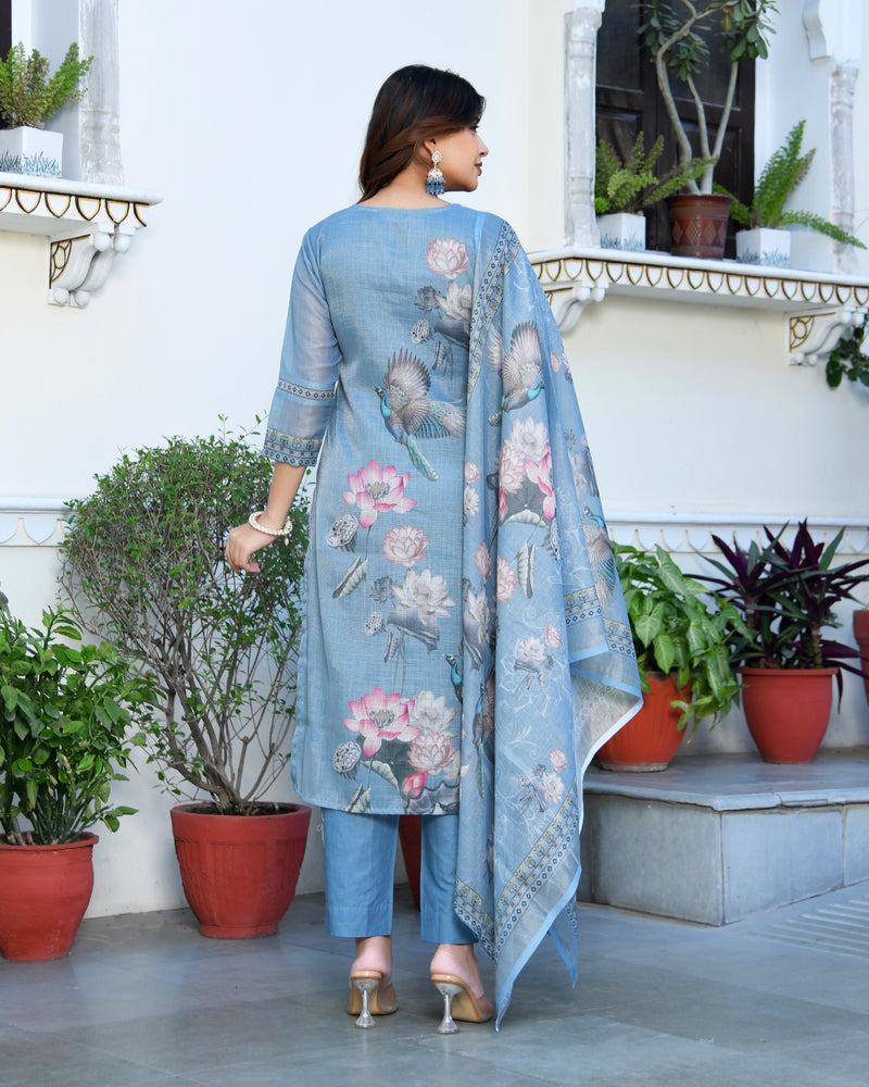 (Vaasva) Women blue tissue linen floral suit set (Set of 5pc)