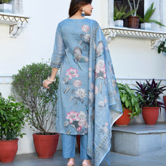 (Vaasva) Women blue tissue linen floral suit set (Set of 5pc)