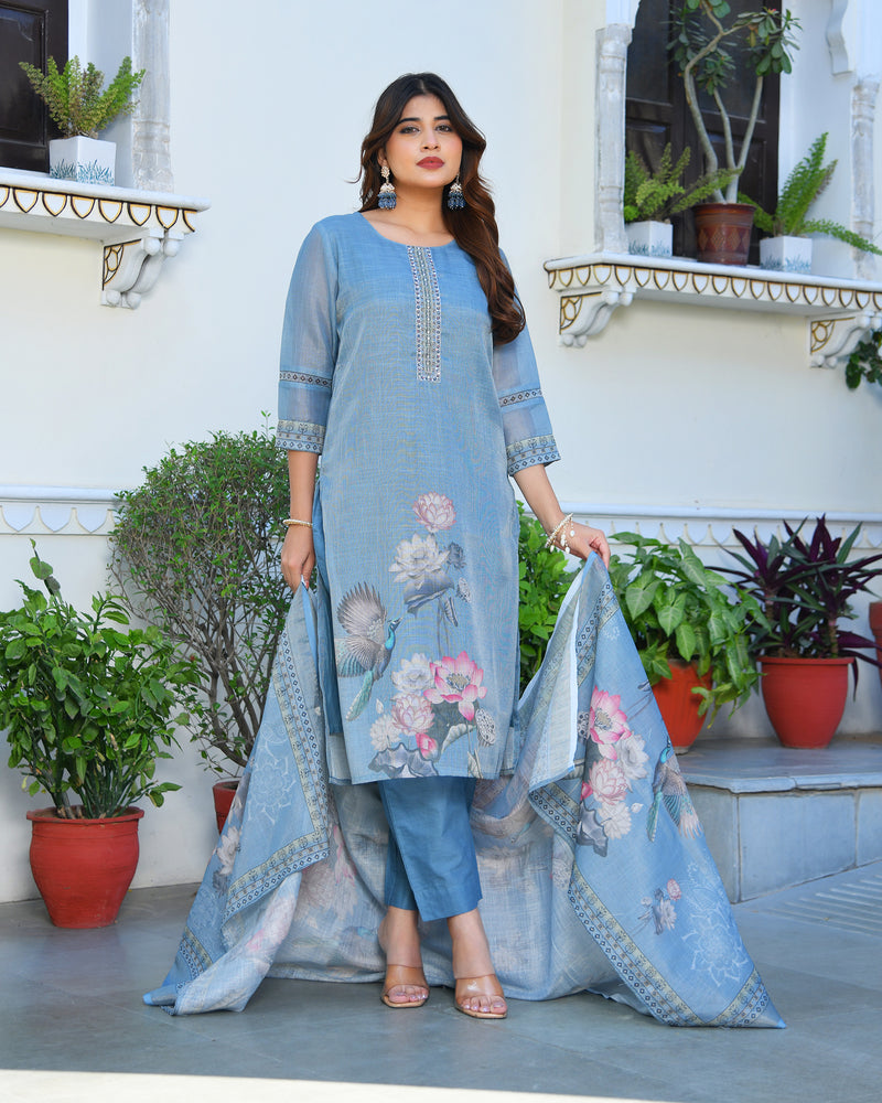 (Vaasva) Women blue tissue linen floral suit set (Set of 5pc)