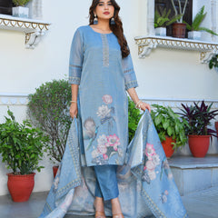 (Vaasva) Women blue tissue linen floral suit set (Set of 5pc)