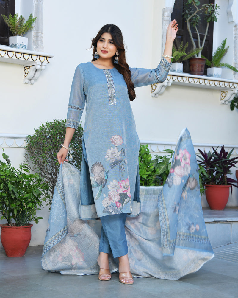 (Vaasva) Women blue tissue linen floral suit set (Set of 5pc)