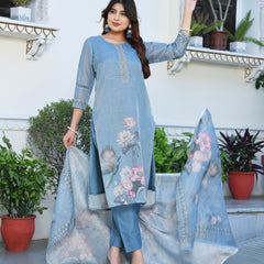 (Vaasva) Women blue tissue linen floral suit set (Set of 5pc)