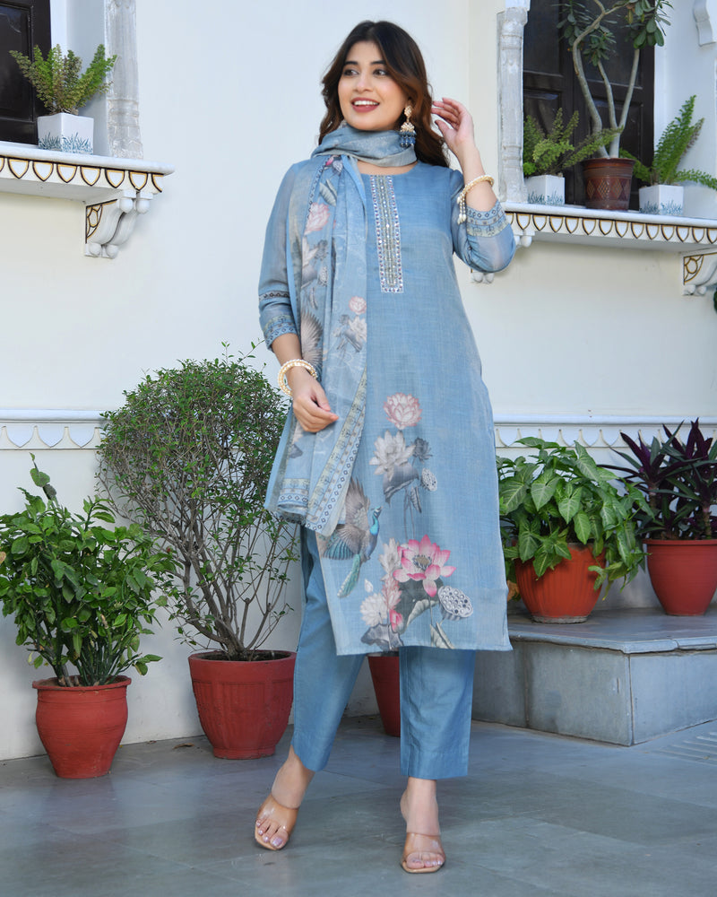 (Vaasva) Women blue tissue linen floral suit set (Set of 5pc)