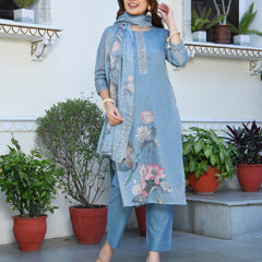 (Vaasva) Women blue tissue linen floral suit set (Set of 5pc)