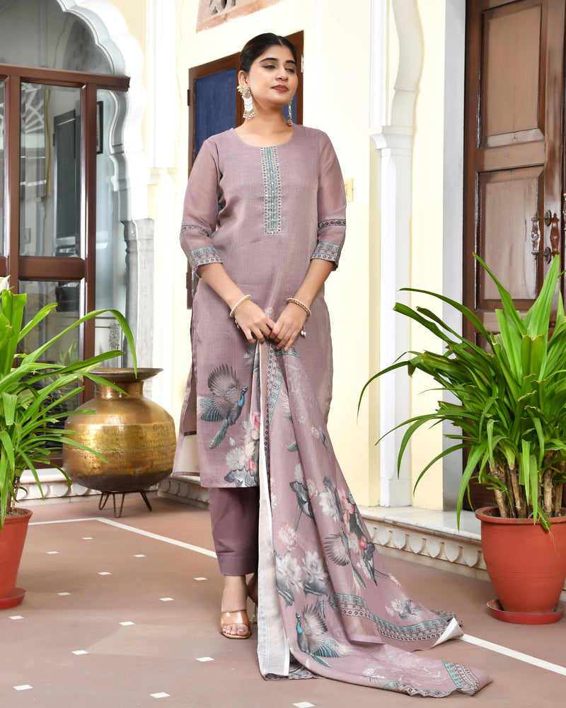 (Vaasva) Women brown tissue linen floral suit set (Set of 5pc)