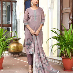(Vaasva) Women brown tissue linen floral suit set (Set of 5pc)