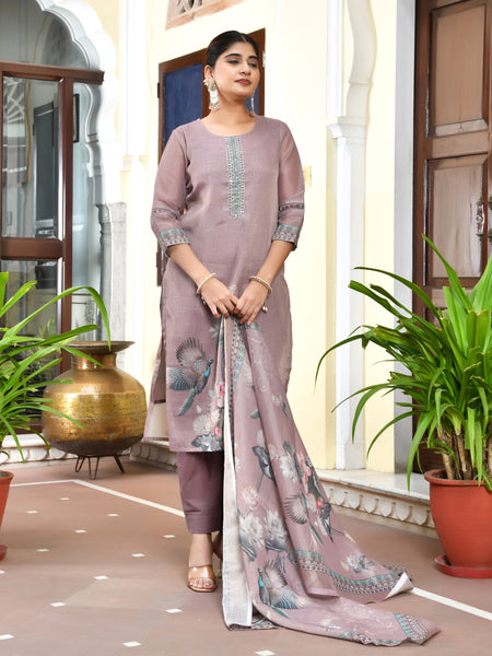 (Vaasva) Women brown tissue linen floral suit set (Set of 5pc)