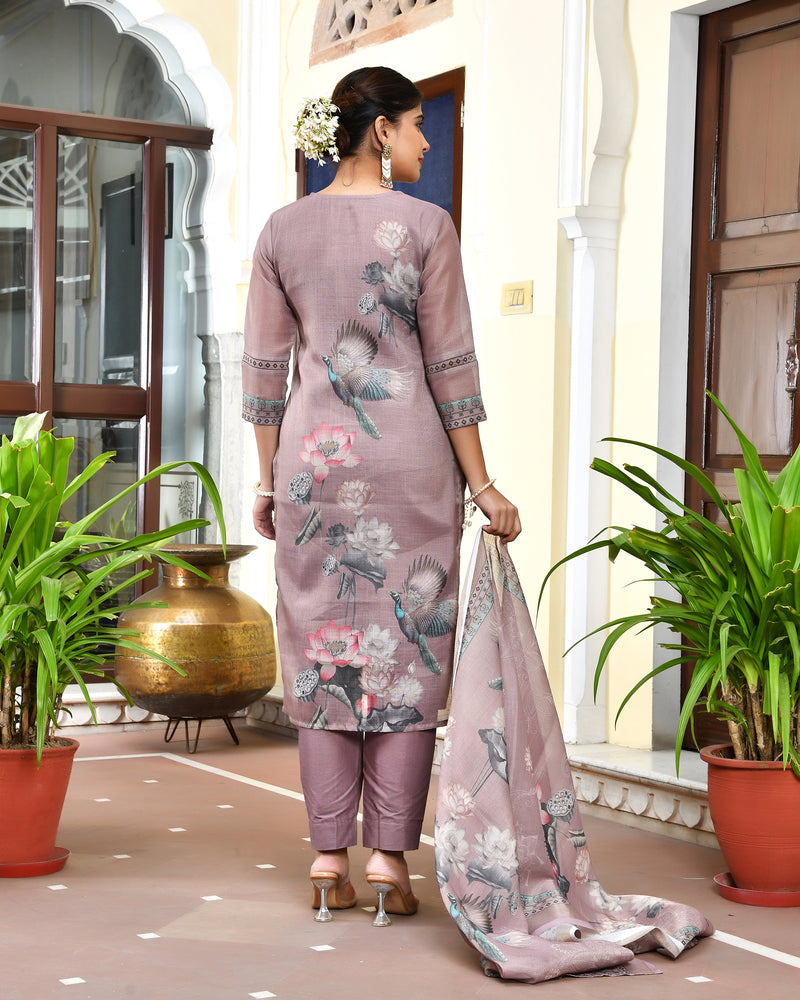 (Vaasva) Women brown tissue linen floral suit set (Set of 5pc)