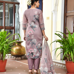(Vaasva) Women brown tissue linen floral suit set (Set of 5pc)