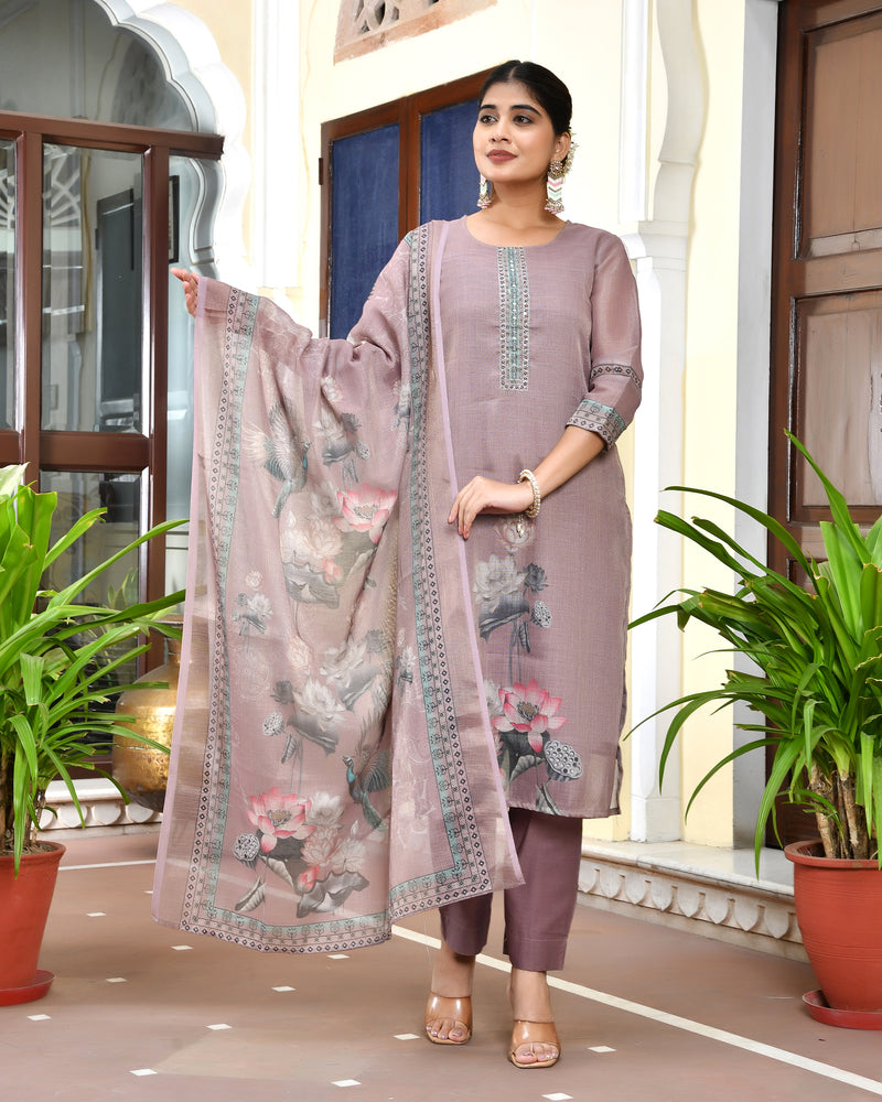 (Vaasva) Women brown tissue linen floral suit set (Set of 5pc)
