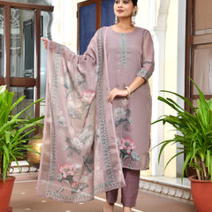 (Vaasva) Women brown tissue linen floral suit set (Set of 5pc)