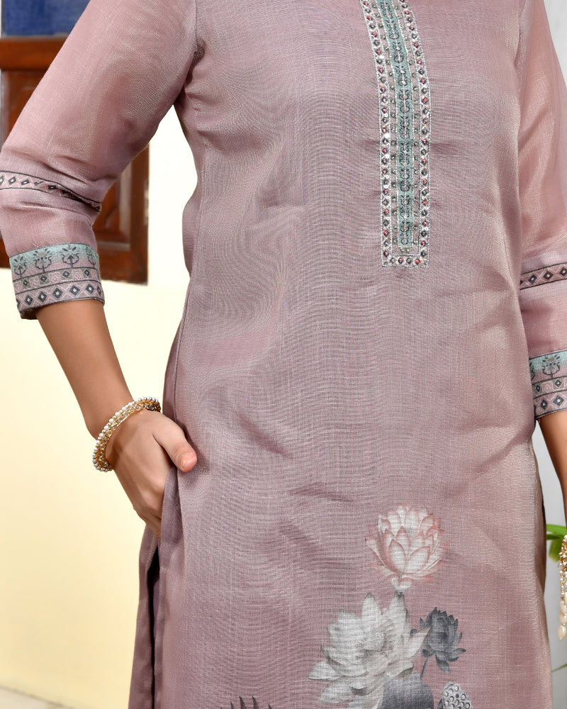 (Vaasva) Women brown tissue linen floral suit set (Set of 5pc)