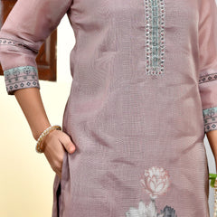 (Vaasva) Women brown tissue linen floral suit set (Set of 5pc)