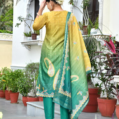 (Vaasva) Women Mul Chanderi green paisley printed suit set (Set of 5pc)