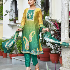 (Vaasva) Women Mul Chanderi green paisley printed suit set (Set of 5pc)
