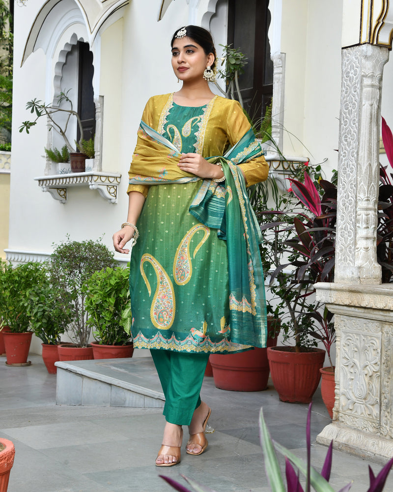 (Vaasva) Women Mul Chanderi green paisley printed suit set (Set of 5pc)