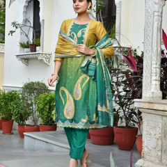(Vaasva) Women Mul Chanderi green paisley printed suit set (Set of 5pc)