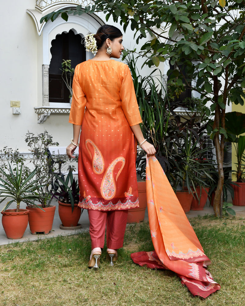 (Vaasva) Women Mul Chanderi orange paisley printed suit set (Set of 5pc)