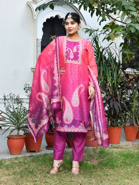 (Vaasva) Women Mul Chanderi Rani paisley printed suit set (Set of 5pc)
