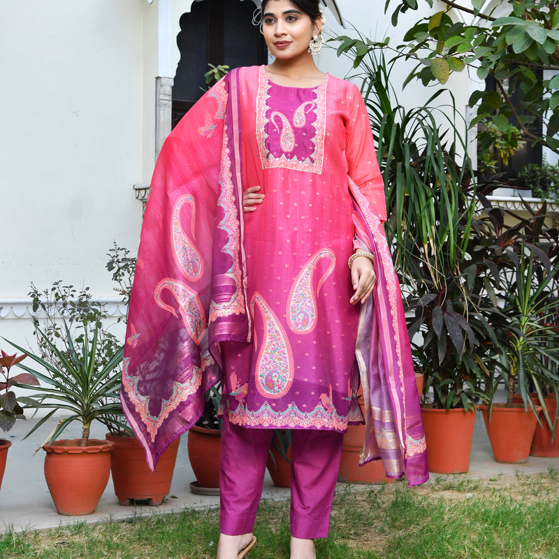 (Vaasva) Women Mul Chanderi Rani paisley printed suit set (Set of 5pc)
