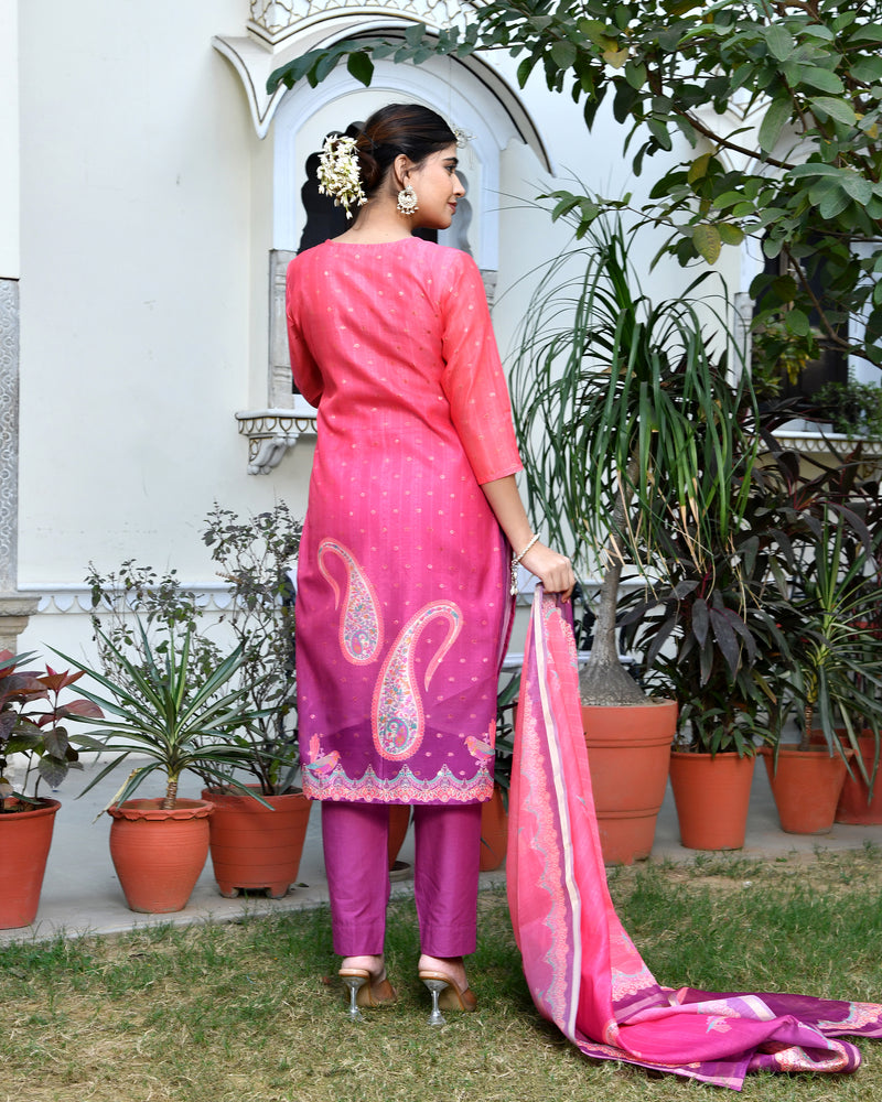 (Vaasva) Women Mul Chanderi Rani paisley printed suit set (Set of 5pc)