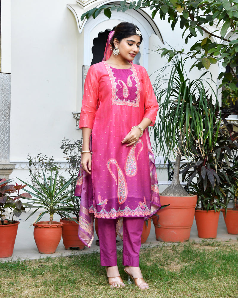 (Vaasva) Women Mul Chanderi Rani paisley printed suit set (Set of 5pc)