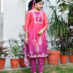 (Vaasva) Women Mul Chanderi Rani paisley printed suit set (Set of 5pc)
