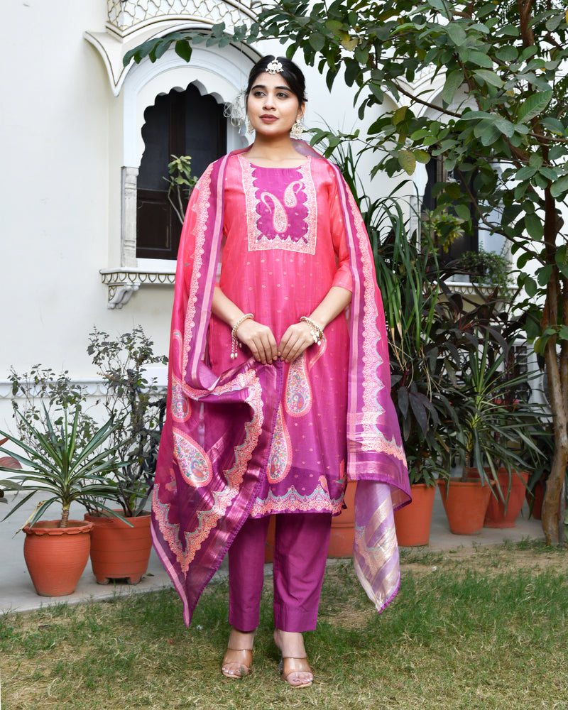 (Vaasva) Women Mul Chanderi Rani paisley printed suit set (Set of 5pc)
