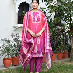 (Vaasva) Women Mul Chanderi Rani paisley printed suit set (Set of 5pc)