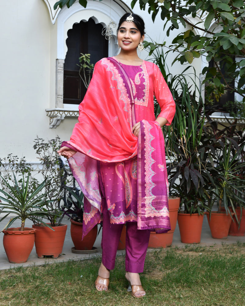 (Vaasva) Women Mul Chanderi Rani paisley printed suit set (Set of 5pc)