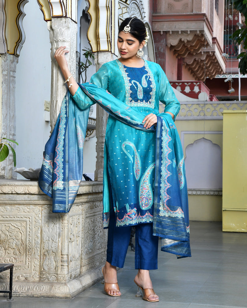 (Vaasva) Women Mul Chanderi Royal Blue paisley printed suit set (Set of 5pc)